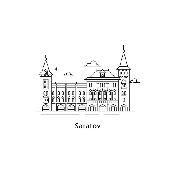 Logo de Saratov aislado sobre fondo blanco. Saratov s hito línea vector ilustración. Viajar a Rusia concepto de ciudades . — Vector de stock