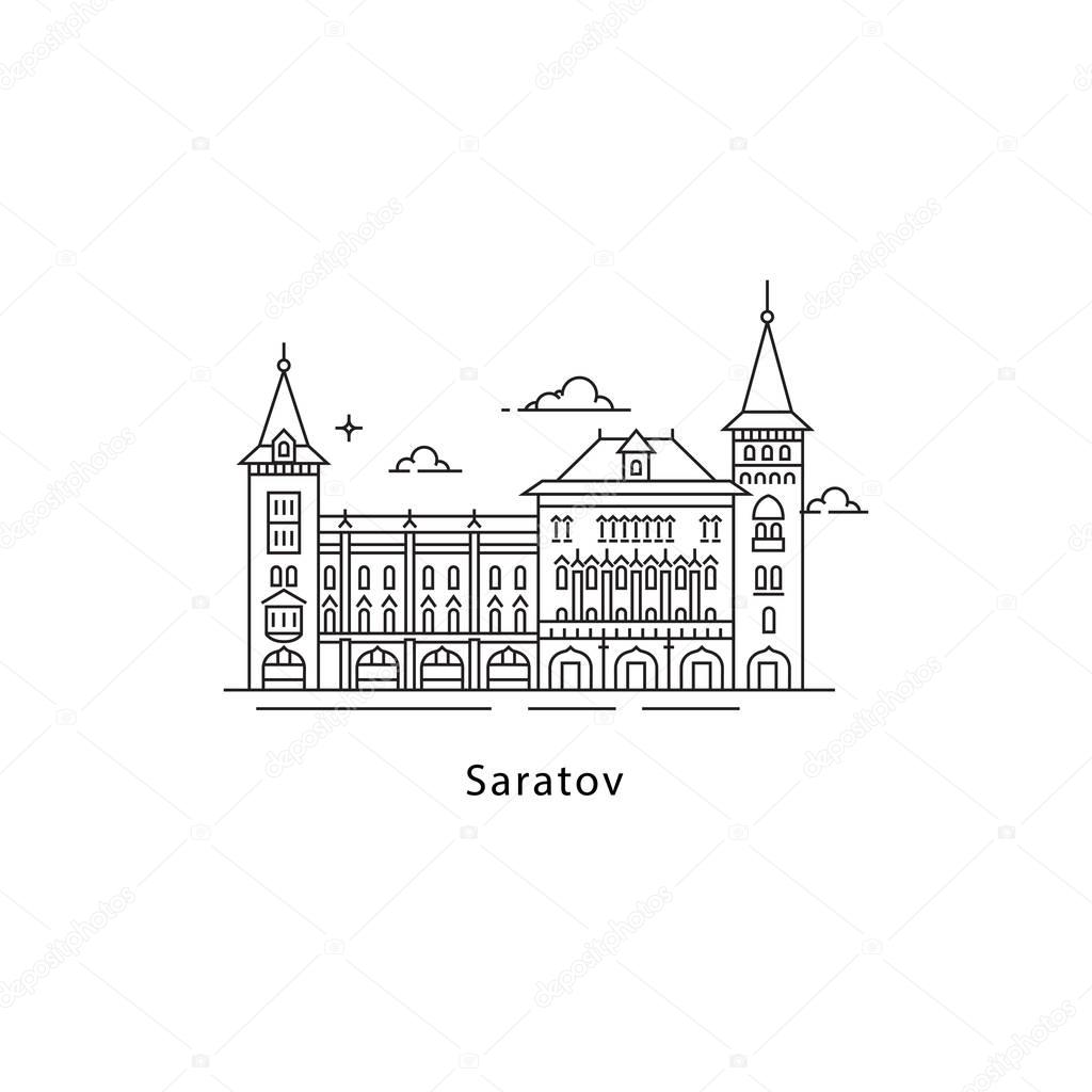 Saratov logo isolated on white background. Saratov s landmarks line vector illustration. Traveling to Russia cities concept.