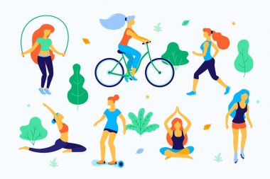 Kadın parkta yürüyüş düz illüstrasyon vektör. Koşma, buz pateni, yoga yaparken, atlama parkta spor yapıyor kızlar.