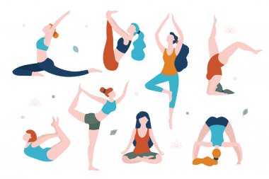 Farklı pozlar Yoga yapıyor kadınlar düz illüstrasyon izole beyaz arka plan üzerinde vektör. Her kadın için Yoga.