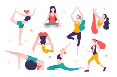 Kadın spor yapıyor. Sağlıklı yaşam için egzersizler farklı pozlar Yoga. İnce kız düz illüstrasyon vektör. Spor salonu ve park olarak çalışma.