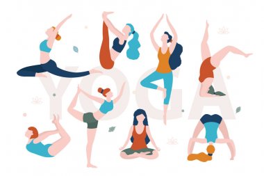 Herhangi bir şekilde kadınlar için Yoga. İnce ve kilolu kadınların farklı pozlar yoga yaparken düz illüstrasyon izole beyaz arka plan üzerinde vektör.
