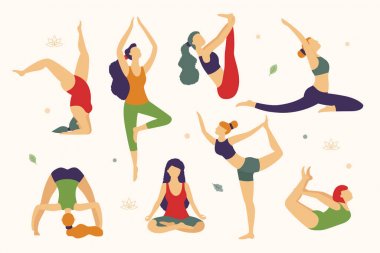 Kadınlar farklı pozlar vektör düz illüstrasyon izole beyaz arka plan üzerinde yoga yapıyoruz. Yoga her kadın için ince yapılı ve kilolu olanlar.