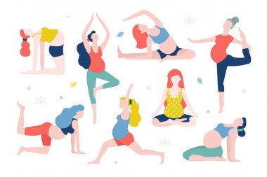 Hamile kadınlar vektör düz illüstrasyon izole beyaz arka plan üzerinde için Yoga. Farklı pozlar yoga yapıyor göbek ile sağlıklı kadınlar.