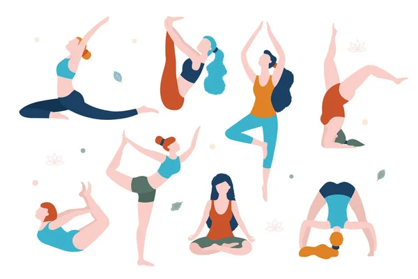 Women doing yoga in different poses vector flat illustration isolated on white background. Yoga for every woman. — Stock Vector