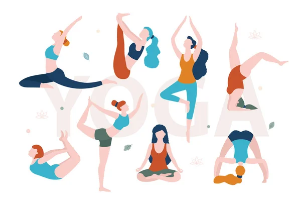 Yoga para mulheres com qualquer forma. Mulheres magras e com excesso de peso fazendo ioga em diferentes poses vetor plana ilustração isolada no fundo branco . — Vetor de Stock