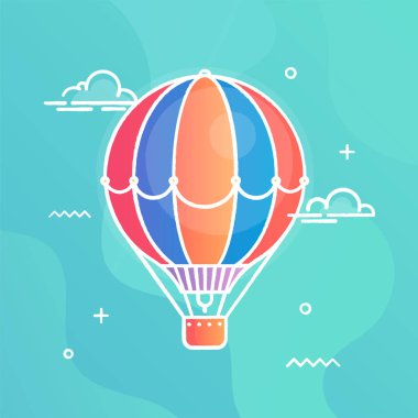 Soyut öğeler ile mavi arka plan üzerinde düz tasarım hava balon renkli vektör çizim. Gökyüzünde uçan macera kavramı.