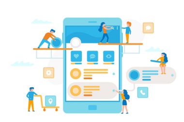 Küçük insanlarla bir smartphone kullanıcı arabirimi Ux işlem Infographic olun. Takım çalışması iş kavramı. İş işçi en az tasarımında birlikte düz illüstrasyon vektör.