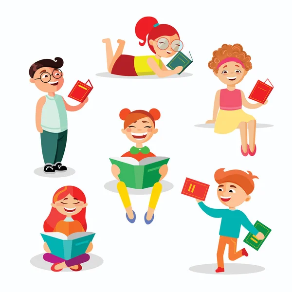 Bambini che leggono serie di libri di illustrazioni vettoriali in design piatto. Felice ragazze e ragazzi con libri isolati su sfondo bianco . — Vettoriale Stock