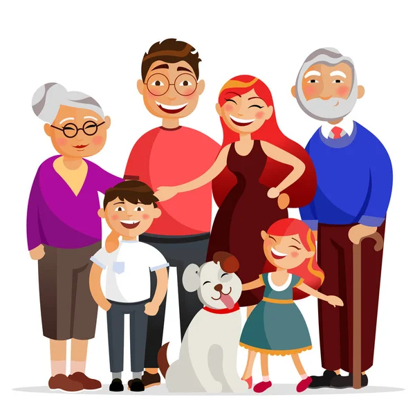 Família feliz de pé juntos abraçando, sorrindo. Mãe, pai, filha e filho e avó e avô. Família com o vetor cão ilustração plana isolada sobre fundo branco —  Vetores de Stock