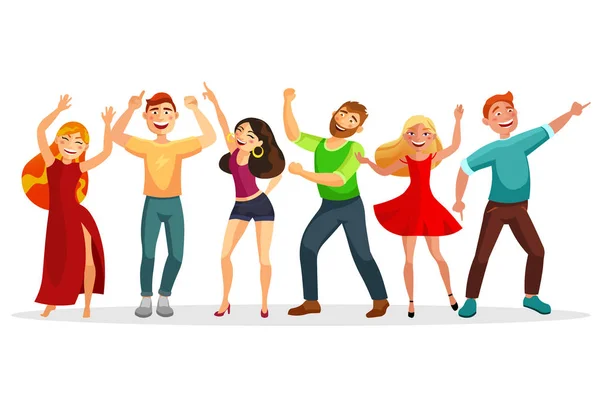 Счастливые люди танцуют в различных позах векторной плоской иллюстрации. Мужчины и женщины танцуют вместе на белом фоне. Группа людей на вечеринке . — стоковый вектор