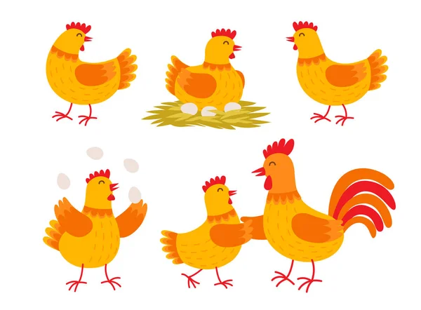 Feliz personaje de dibujos animados de gallina en diferentes posturas aisladas sobre fondo blanco. Gallina y gallo vector ilustración plana. Lindo y divertido conjunto colorido de gallinas ponedoras de huevo. Pollo con huevos . — Archivo Imágenes Vectoriales