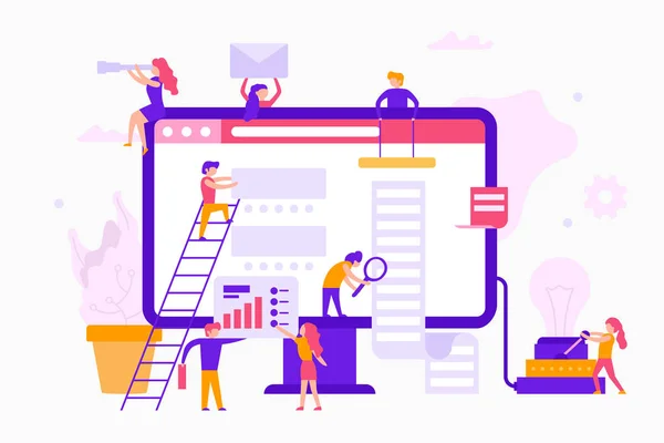 モニターの周りの小さな人は、web サイトのインフォ グラフィックを作る。チームワークのビジネス コンセプトです。ミニマルなデザインで一緒にビジネス労働者ベクトル フラット イラスト. — ストックベクタ