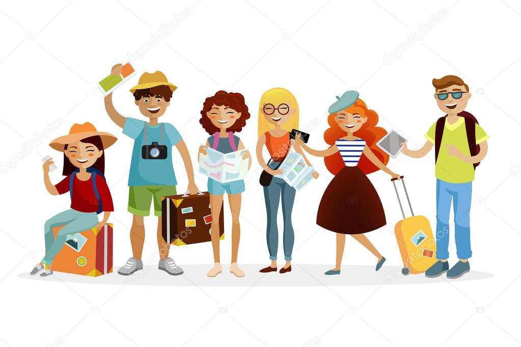 Group of tourists cartoon characters vector flat illustration. Young funny people with suitcases are traveling together.