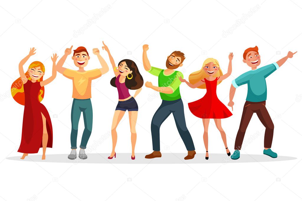 Happy people dancing in various poses vector flat illustration. Men and women dancing together isolated on white background. Group of people at the party.