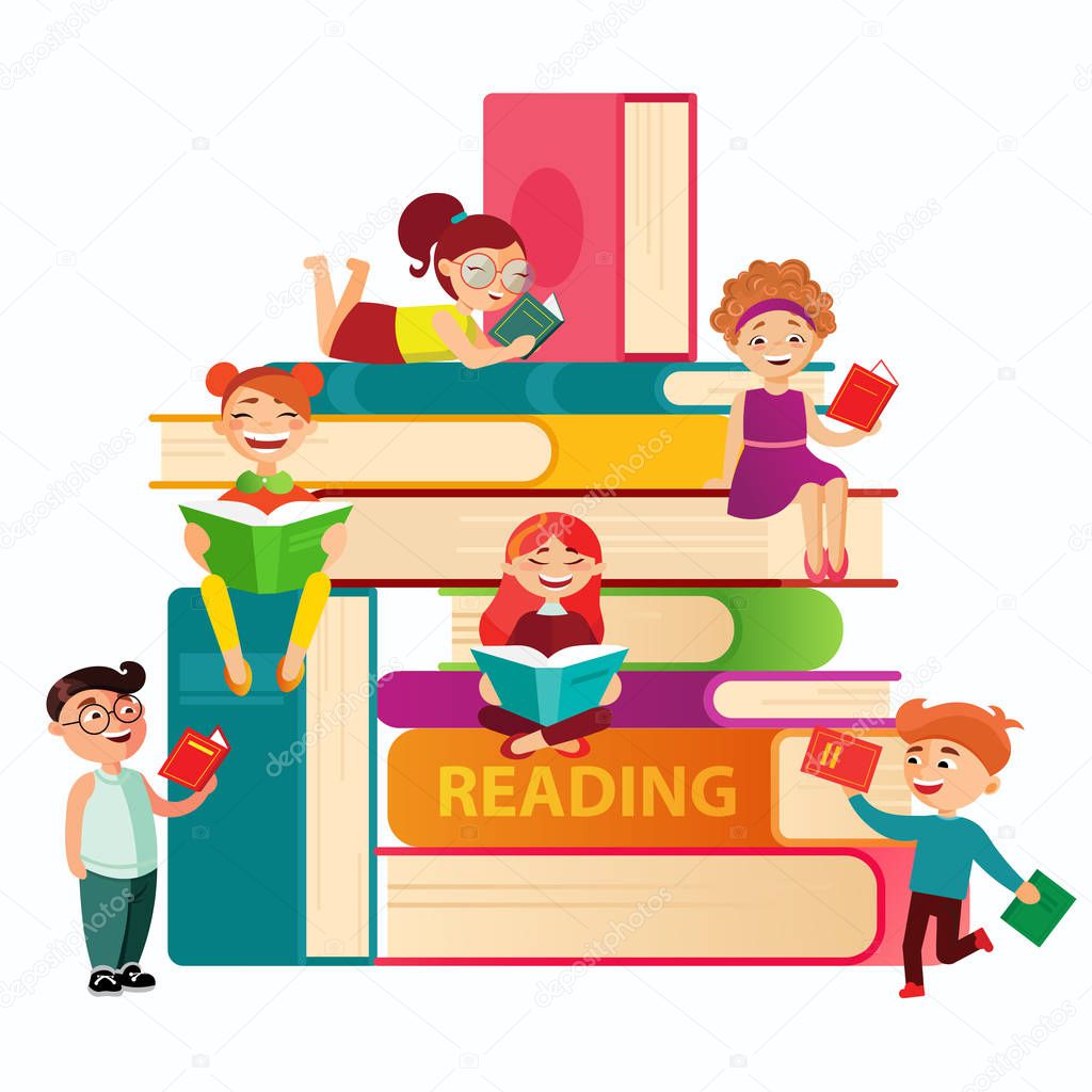 Kids reading on the big stack of books vector flat illustration. Small children around books infographic elements on white background. Children at the library.