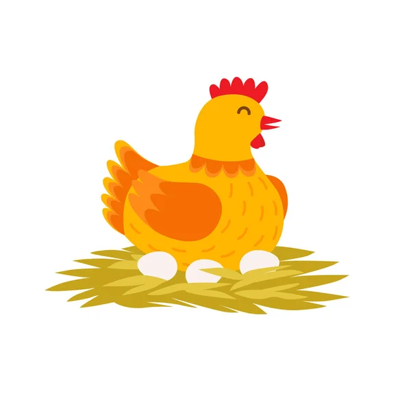 La gallina linda naranja está poniendo huevos en el nido. Dibujos animados gallina vector ilustración plana aislada sobre fondo blanco . — Archivo Imágenes Vectoriales