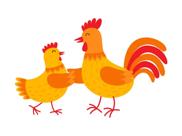 Funny hen and rooster are dancing vector flat illustration isolated on white background. Cute orange hen and rooster cartoon characters. — Stock Vector