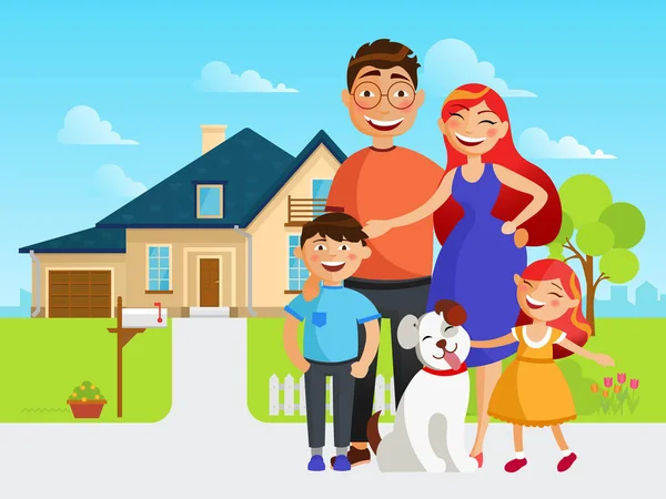 Gelukkige familie verhuizen naar een nieuw huis platte vectorillustratie in cartoon design. Moeder, vader, zus, broer en hun hond in de buurt van nieuw huis. — Stockvector