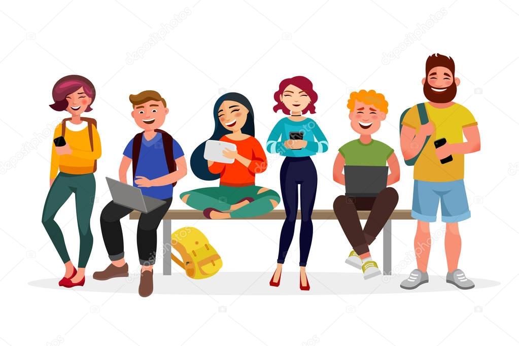 Young people gather together with gadgets. Youth spending time, walking, working and smiling. Men and women in casual style vector flat illustration with bright colours, isolated on white background.