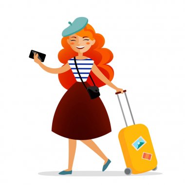 Kız gezgin bir bavul, çanta ve telefon şirin Kızıl saçlı seyahat ve eğleniyor. Beyaz arka plan üzerinde vektör düz illüstrasyon izole mutlu turist. Gezi ve yolculuk kavramı.