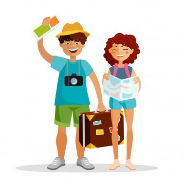 Kız ve erkek turistler birlikte izole üzerinde beyaz arka plan seyahat vardır. Gençlerin kaç bavul, harita ve broşür ile fotoğraf makinesi ile yolculuk olacaktı. Kavram vektör düz illüstrasyon seyahat.