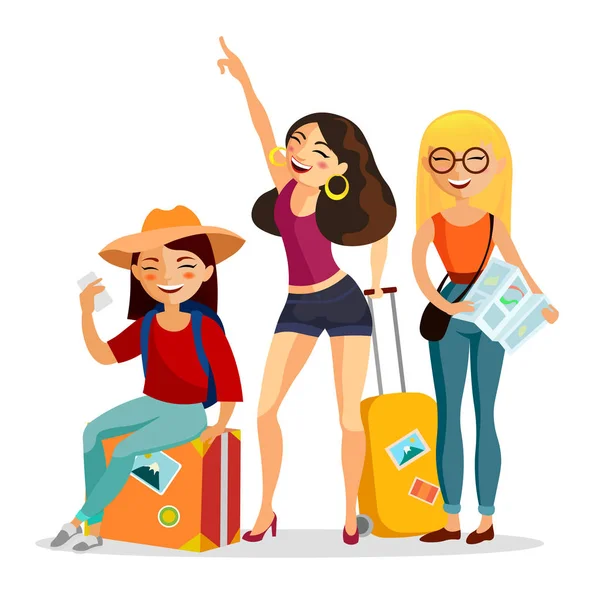 Chicas viajando juntas vector ilustración plana. Jóvenes viajeros con maletas divirtiéndose aislados sobre fondo blanco. Concepto de viaje y viaje . — Vector de stock