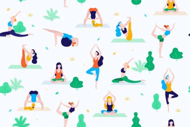 Park vektör düz illüstrasyon insanlar. Kadın Parkta yürümek ve spor, yoga ve fiziksel egzersizler yapın. Park seamless modeli.