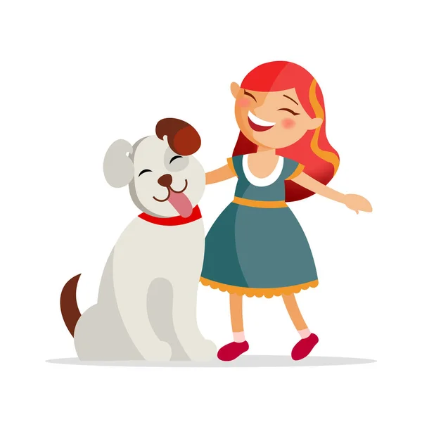 Fille mignonne avec un chien sont souriants et câlins, se tenir ensemble isolé sur fond blanc. Concept d'enfance heureuse dans le design plat . — Image vectorielle