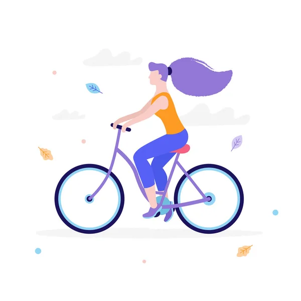 Chica delgada montando en bicicleta en diseño plano aislado sobre fondo blanco. La actividad de la mujer en el parque ilustración concepto . — Vector de stock