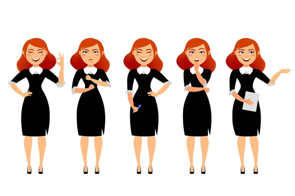 商务妇女在各种姿势平矢量插画。在白色背景下被隔离的商业女性卡通人物。微笑的秘书女孩与愉快的模仿和红色头发 — 图库矢量图片