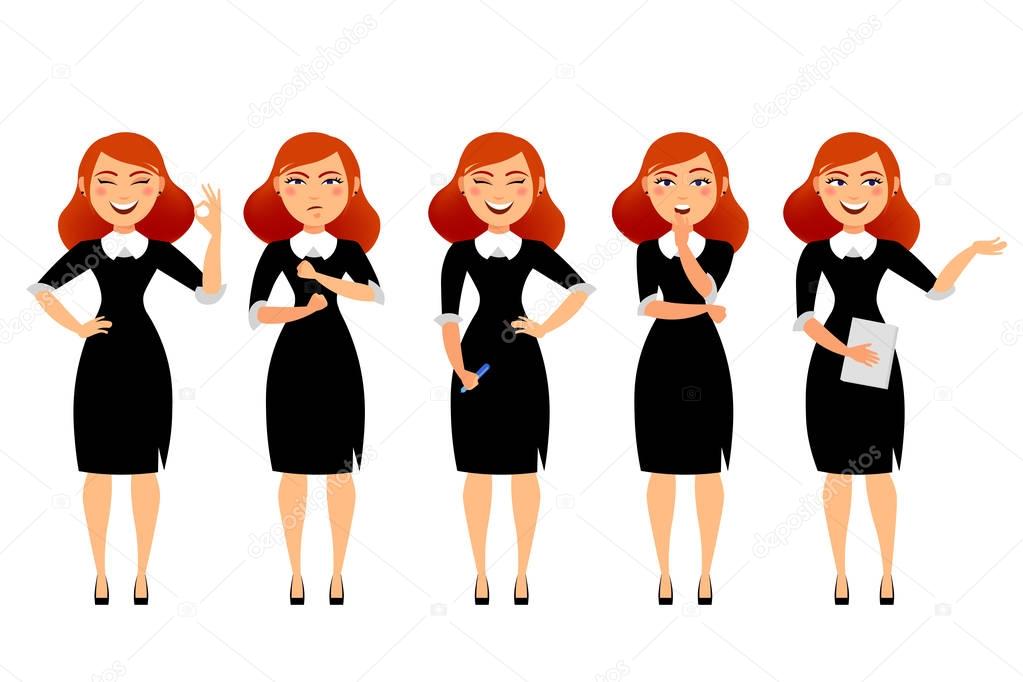 Business woman in various poses flat vector illustration. Cartoon character of business woman isolated on white background. Smiling secretary girl with happy mimics and red hair