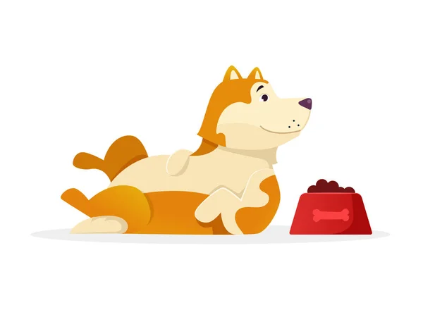 Chien drôle avec nourriture pour chien vecteur de mensonge illustration plate. personnage de dessin animé pour chien isolé sur fond blanc . — Image vectorielle