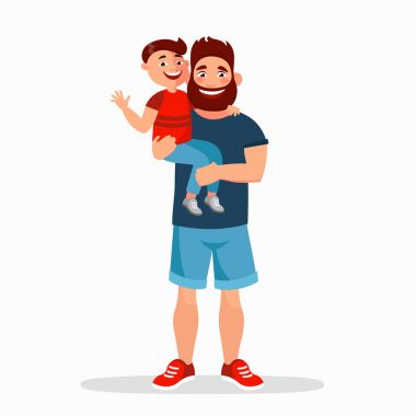 Baba ve oğul düz illüstrasyon vektör. Babası holding gülümseyen çocuk beyaz arka plan üzerinde izole. Mutlu aile çizgi film karakterleri rahat tarzı içinde. Baba s gün konsept illüstrasyon.