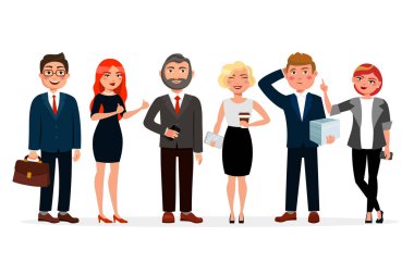 İş adamları birlikte duran şekilde düz tasarım vektör. Infographic tasarım için çeşitli iş insanlar karikatür karakter kümesi. İş erkek ve beyaz arka plan üzerinde izole kadın.