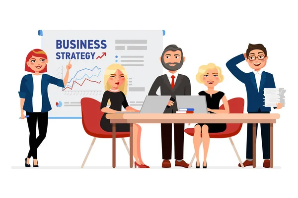 Набор персонажей мультфильмов для деловых людей. Коллеги по совещанию, деловая женщина указывает на белую доску с бизнес-стратегиями. Концептуальная векторная плоская иллюстрация . Стоковый вектор