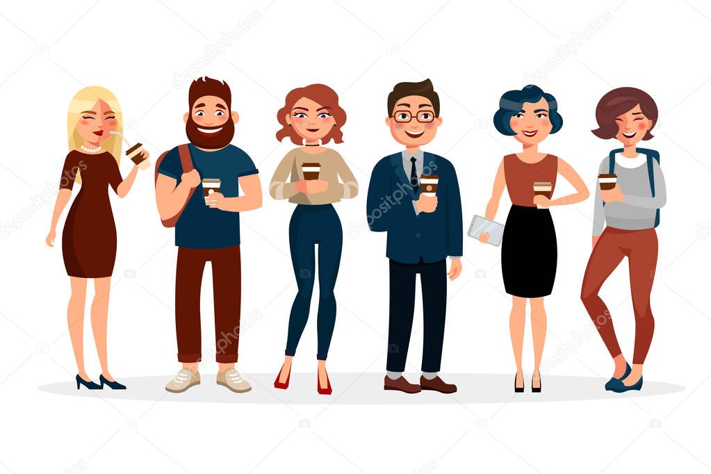 People drinking coffee vector flat illustration. Cartoon characters of young people with cup of coffee spending time together . Girls and boys standing in various poses isolated on white background.