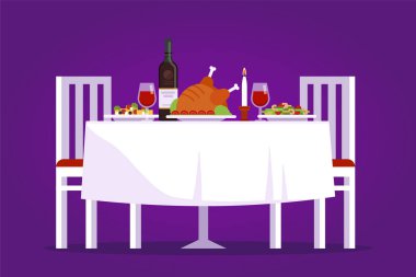 Lezzetli yemekleri ile tablo ve iki sandalye düz illüstrasyon vektör. Mor zemin üzerine Restoran kavramında romantik akşam yemeği.
