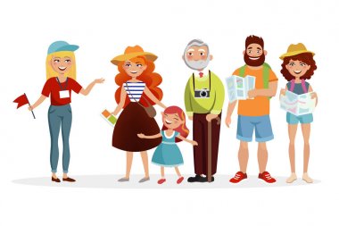 Kılavuzu ve onu dinleme ve düz tasarımında bir gezi vektör çizim sahip turist grup. Çeşitli insanlar çizgi kahramanlar beyaz arka plan üzerinde izole.