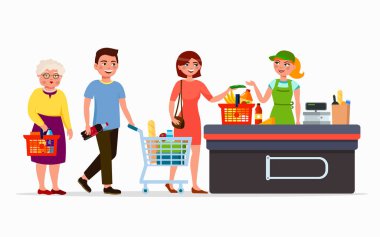 Benzin, ürün satın alma ile şirin kasiyer süpermarket çeşitli düz insanlar. Erkekler ve kadınlar alışveriş merkezinde. Alışveriş sepetleri ve çizgi film çantaları ile ailede düz illüstrasyon vektör.