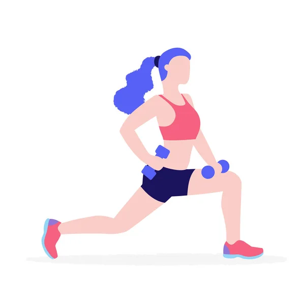 Mujer haciendo ejercicios físicos con pesas vector ilustración plana aislada sobre fondo blanco. Chica en el gimnasio mantener un estilo de vida saludable concepto de ilustración — Vector de stock