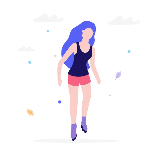 Chica patinaje sobre ruedas ilustración plana aislada sobre un fondo blanco. Mujer joven cabalga en rodillos en un parque manteniendo un estilo de vida saludable . — Vector de stock