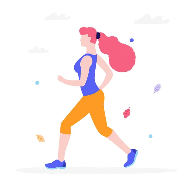 Mujer joven corriendo en el vector del parque ilustración plana aislada sobre fondo blanco. Chica en ropa deportiva corriendo y haciendo deportes manteniendo un estilo de vida saludable . — Vector de stock