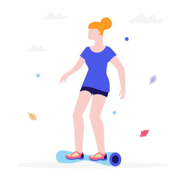 소녀는 흰색 바탕에 고립 된 gyroscooter 편평한 그림을 타고. 공원에서 놀이 기구는 hoverboard에 젊은 여자. — 스톡 벡터