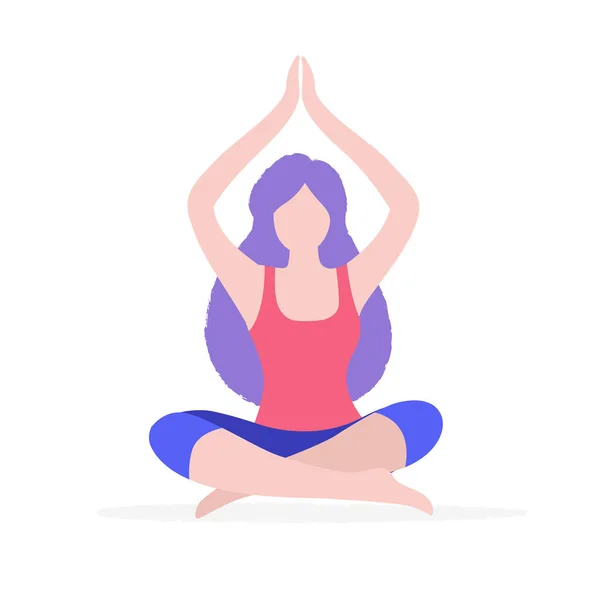 Woman doing yoga vector flat illustration isolated on white background. Girl sitting in lotus pose doing physical exercises and meditation. — Stock Vector