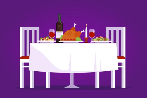 Mesa com pratos saborosos e duas cadeiras vetorial ilustração plana. Jantar romântico no conceito de restaurante em fundo roxo . — Vetor de Stock