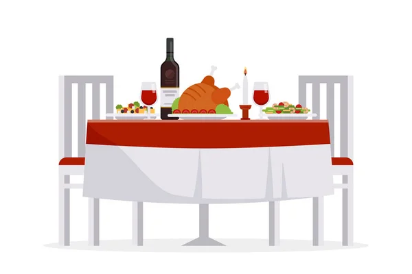 Table with tasty dishes and two chairs vector flat illustration. Romantic dinner in the restaurant concept isolated on white background. — Stock Vector
