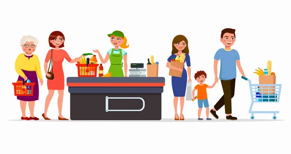 Varias personas planas en el supermercado comprando productos en la caja con cajero lindo. Hombres y mujeres en el centro comercial. Familia en tienda con cestas y bolsas de dibujos animados vector ilustración plana . — Vector de stock