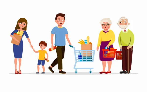 Mensen bij de supermarkt kopen van producten. Mannen en vrouwen in winkelcentrum. Familie in de winkel, moeder, vader, zoon en oma met opa met manden en tassen van de cartoon vector vlakke afbeelding. — Stockvector