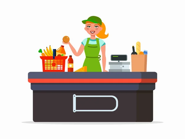 Supermercato cassiere vettore illustrazione piatta isolato su sfondo bianco. Donna cassiere sorridente alla cassa con merci e prodotti . — Vettoriale Stock
